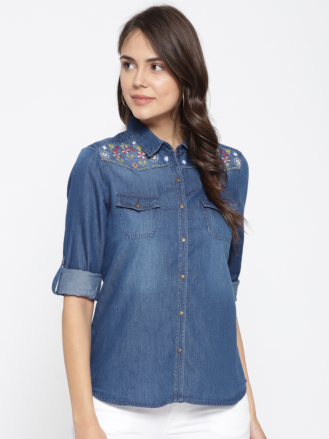 

U.S. Polo Assn. Women Blue Chambray Regular Fit Faded Casual Shirt