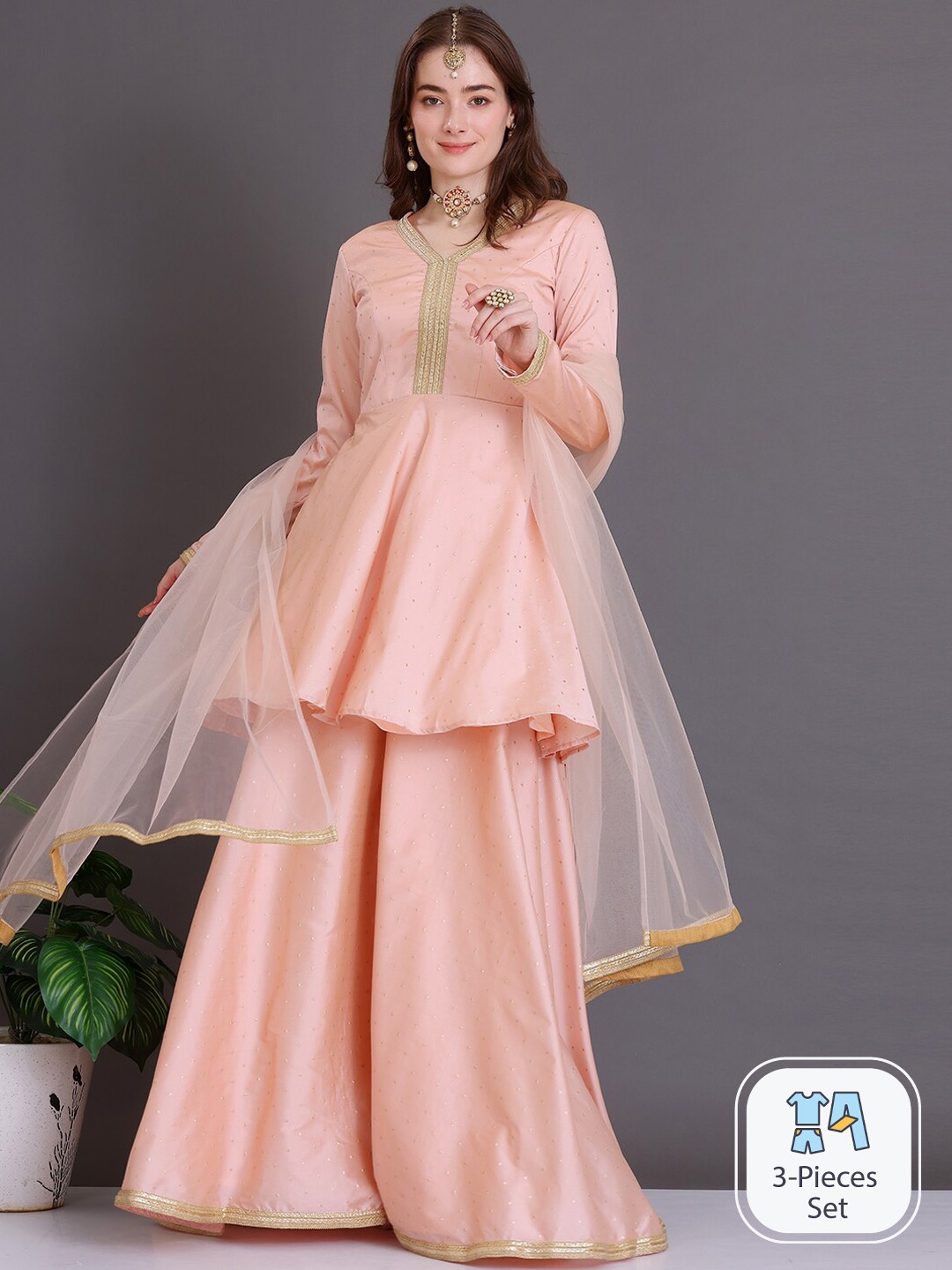 

Ethnovog Geometric Woven Design Regular A-Line Kurti & Sharara With Dupatta, Peach