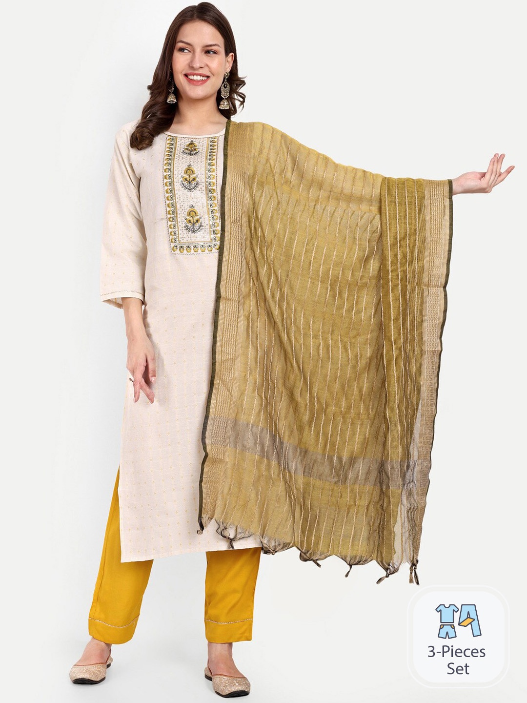

GAJARAI Ethnic Motifs Embroidered Sequinned Pure Cotton Kurta With Trousers & Dupatta, Olive