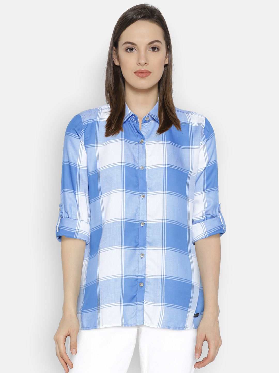 

U.S. Polo Assn. Women Blue & White Regular Fit Checked Casual Shirt