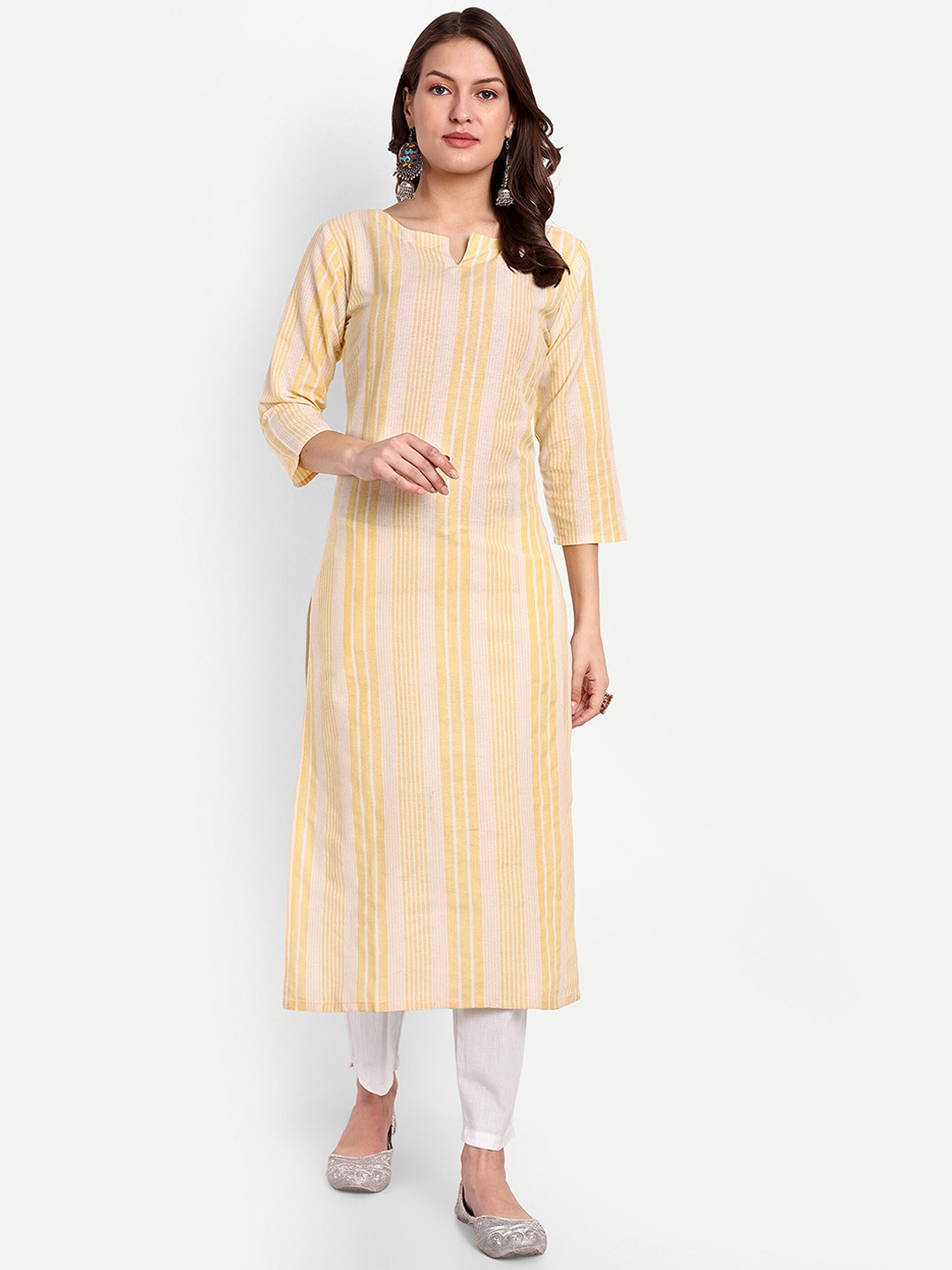 

GAJARAI Striped Pure Cotton Kurta With Trousers, Yellow