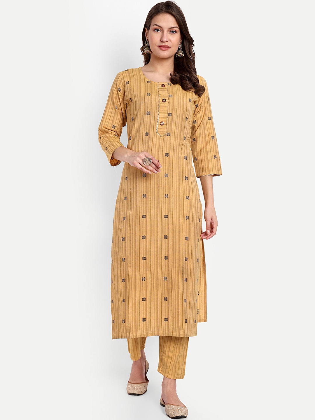 

GAJARAI Ethnic Motifs Woven Design Regular Pure Cotton Kurta With Trousers, Beige