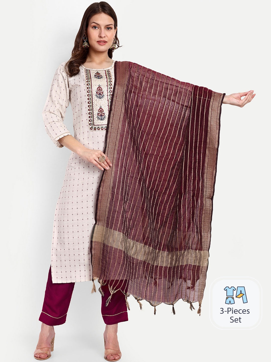 

GAJARAI Floral Printed Regular Pure Cotton Kurta With Trousers & Dupatta, Maroon