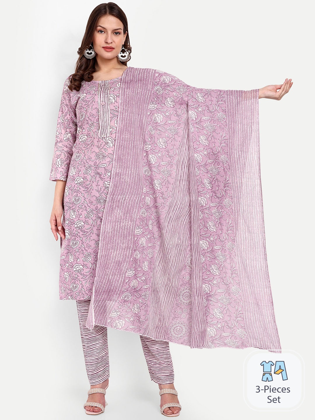 

GAJARAI Floral Printed Pure Cotton Kurta With Trousers & Dupatta, Lavender