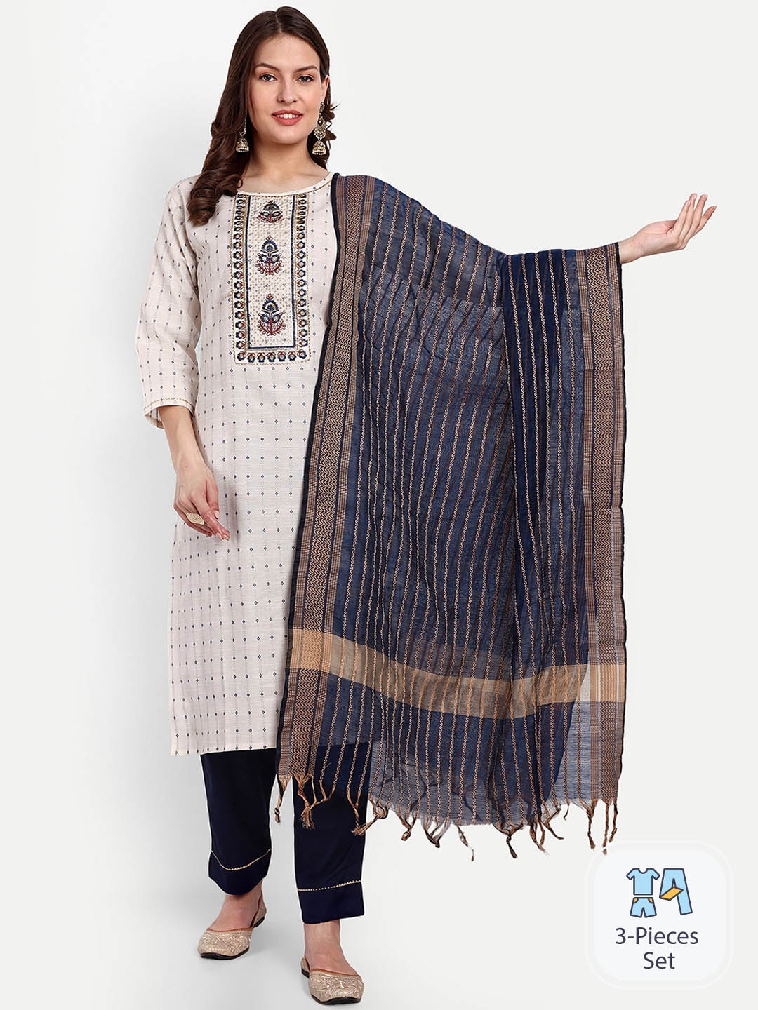 

GAJARAI Geometric Woven Design Regular Pure Cotton Kurta With Trousers & Dupatta, Navy blue