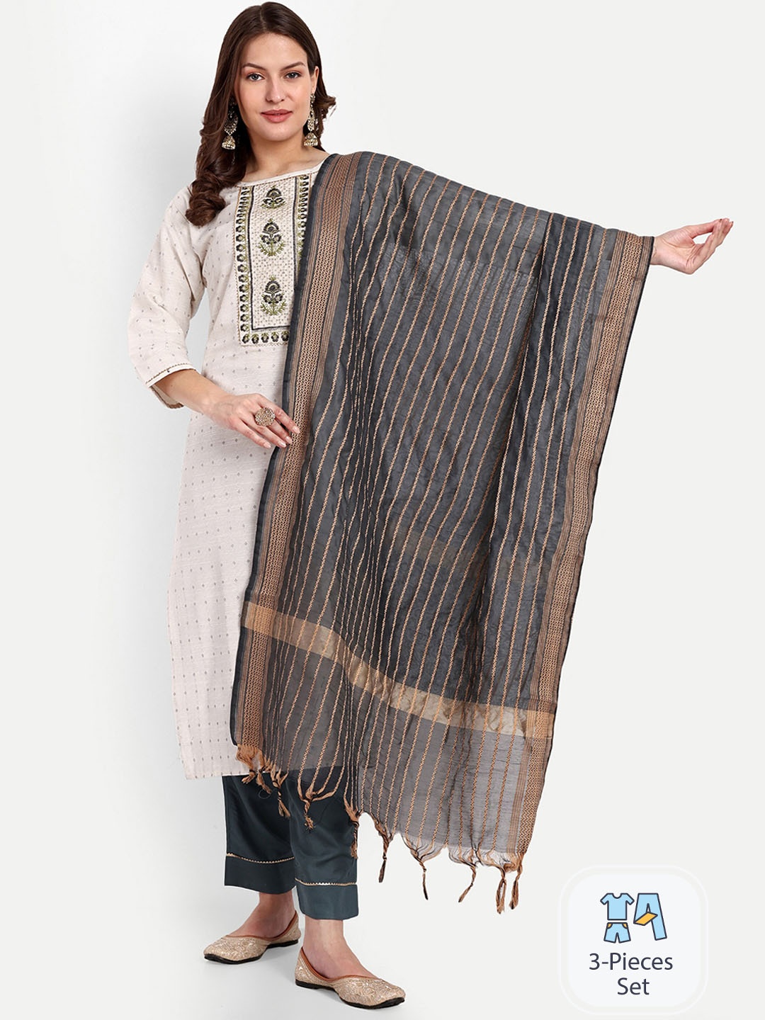 

GAJARAI Floral Printed Regular Pure Cotton Kurta With Trousers & Dupatta, White