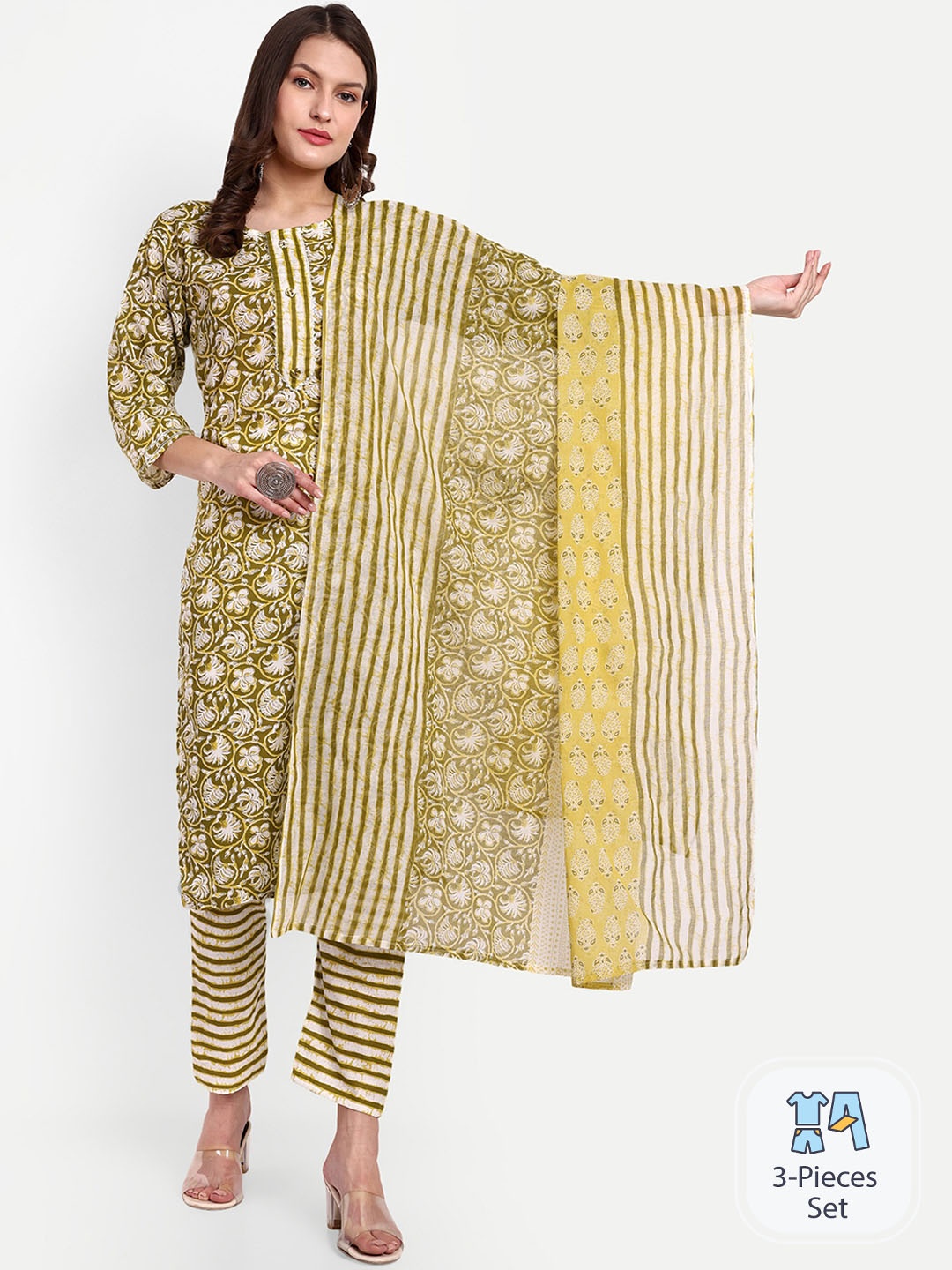 

GAJARAI Floral Printed Pure Cotton Kurta With Trousers & Dupatta, Olive