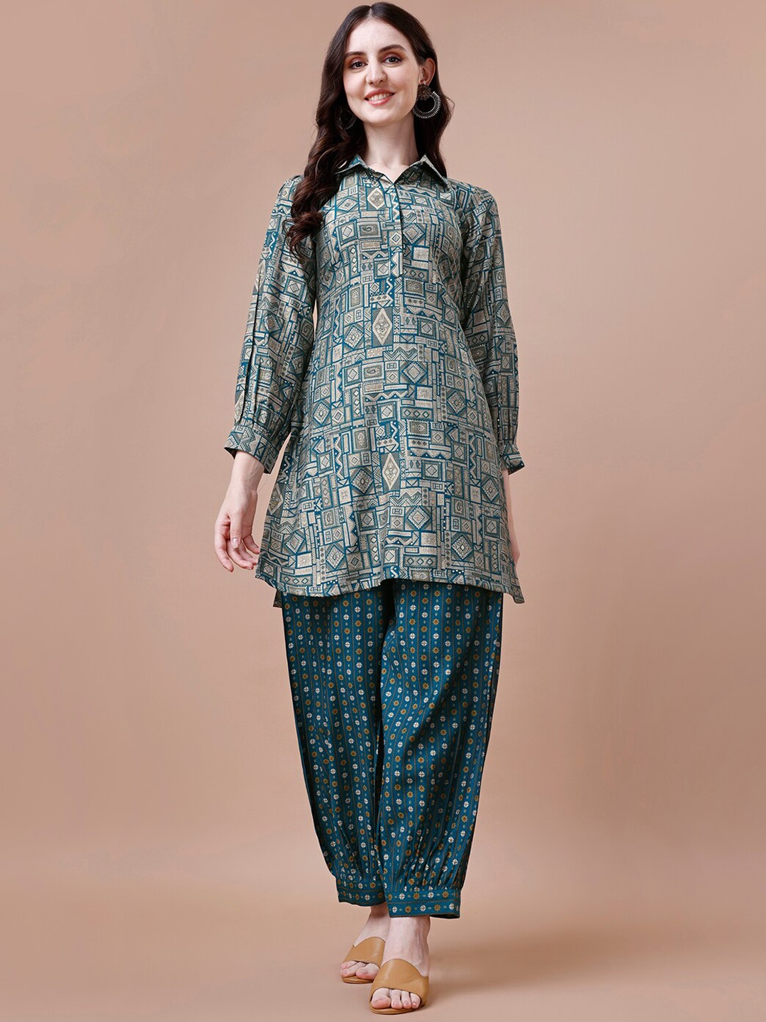 

KALINI Printed Pure Silk Kurta with Sharara, Teal