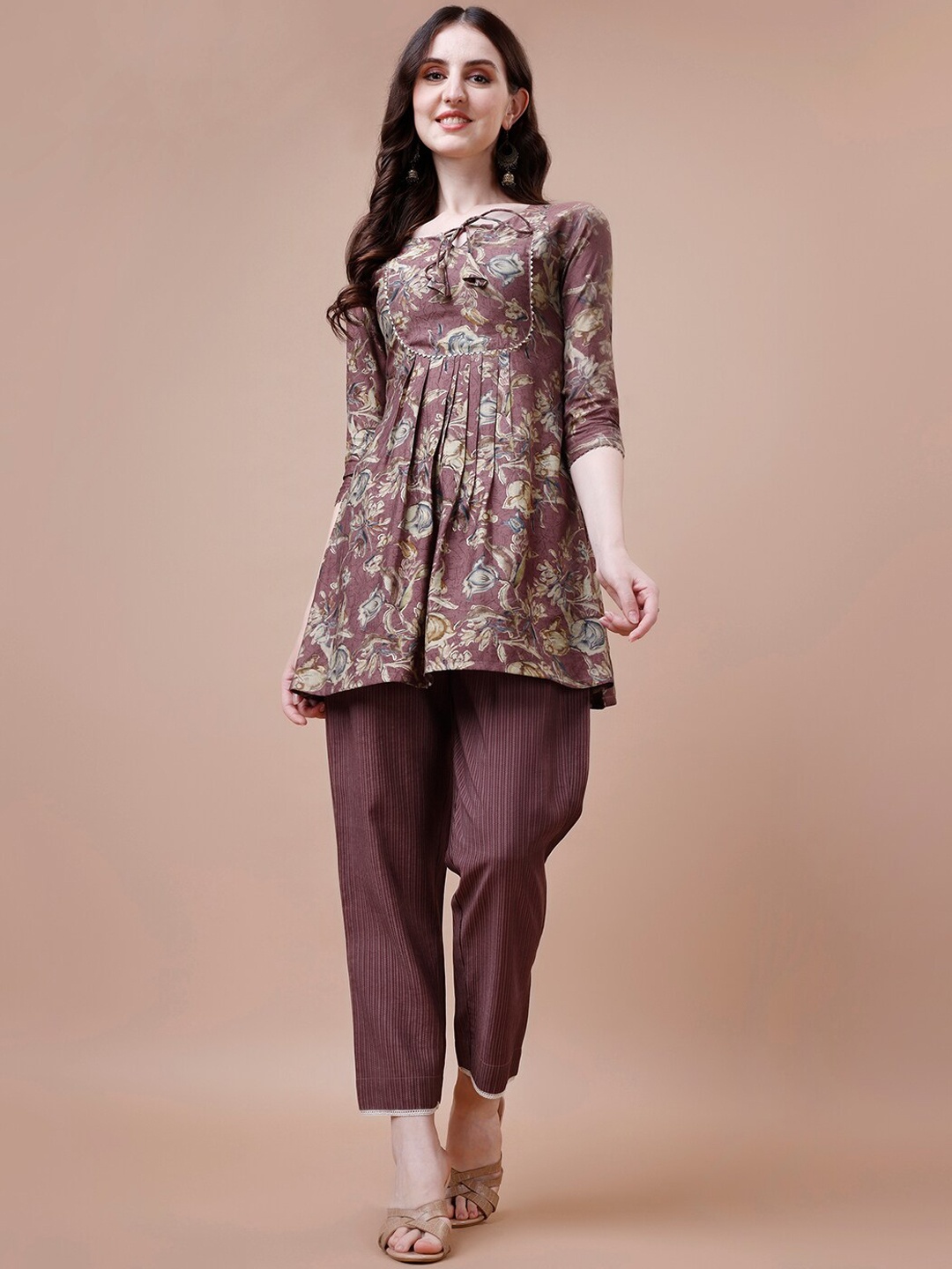 

KALINI Floral Printed Pure Silk Top with Trousers, Brown