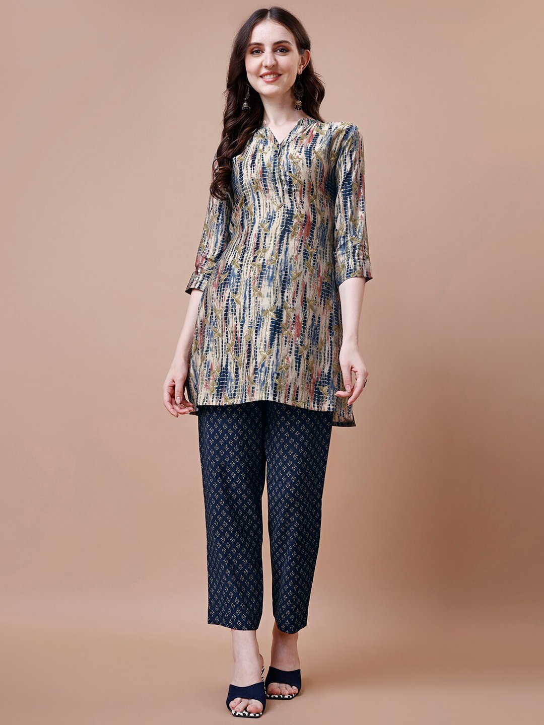 

KALINI Abstract Printed Straight Pure Silk Kurta with Trousers, Beige