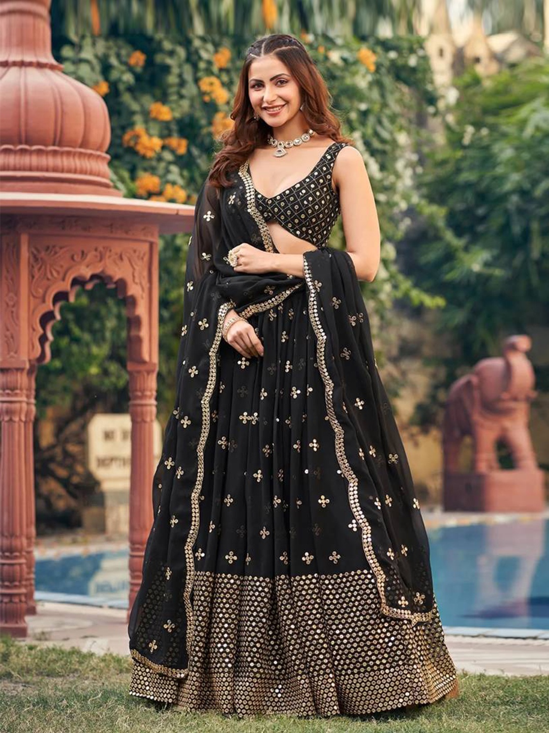 

Fusionic Embroidered Semi-Stitched Lehenga & Unstitched Blouse With Dupatta, Black