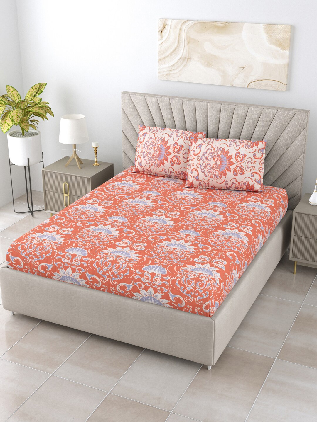 

BOMBAY DYEING Blumen Rust Printed Cotton 120 TC Queen Bedsheet with 2 Pillow Covers