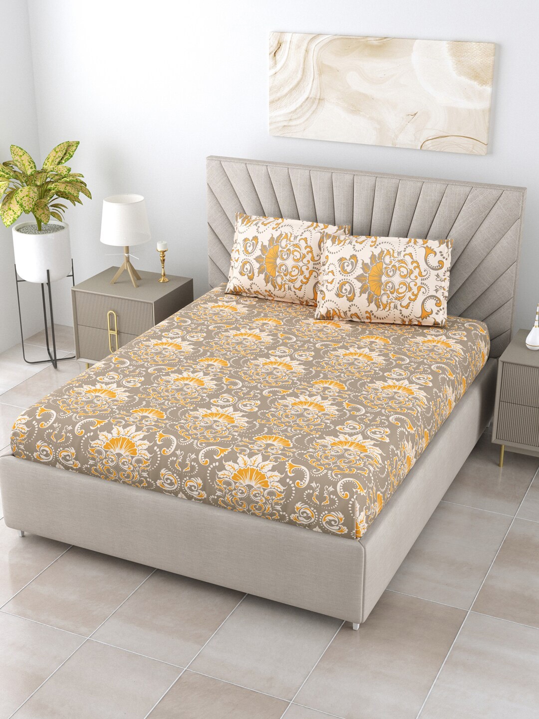

BOMBAY DYEING Blumen Grey Printed Cotton 120 TC Queen Bedsheet with 2 Pillow Covers