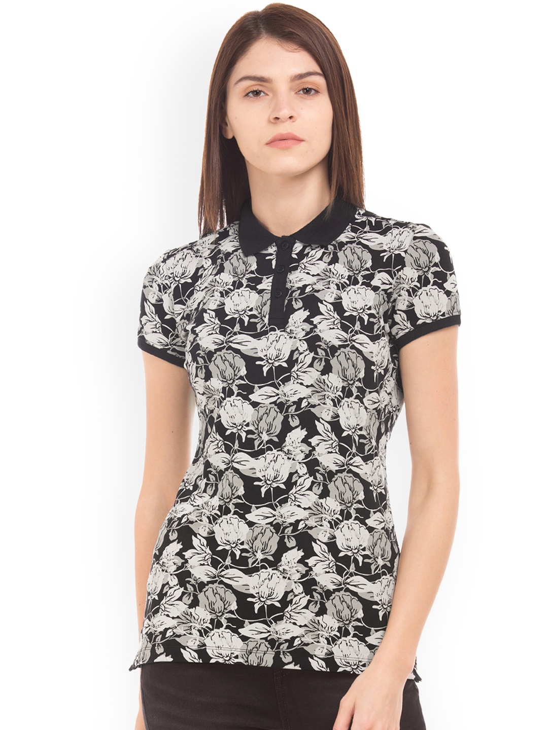 

U.S. Polo Assn. Women Women Black Printed Polo Collar T-shirt