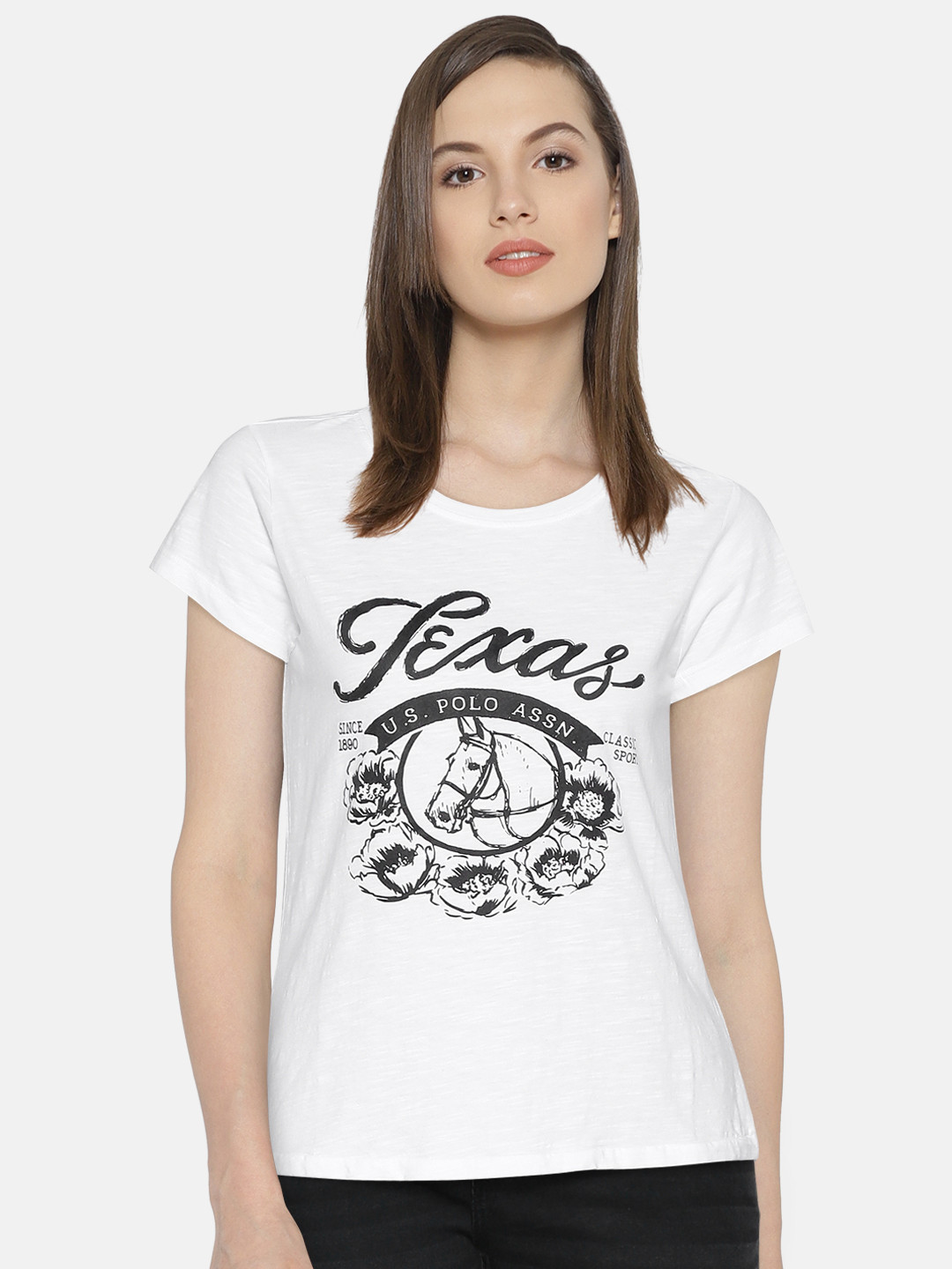 

U.S. Polo Assn. Women White Printed Round Neck Pure Cotton T-shirt