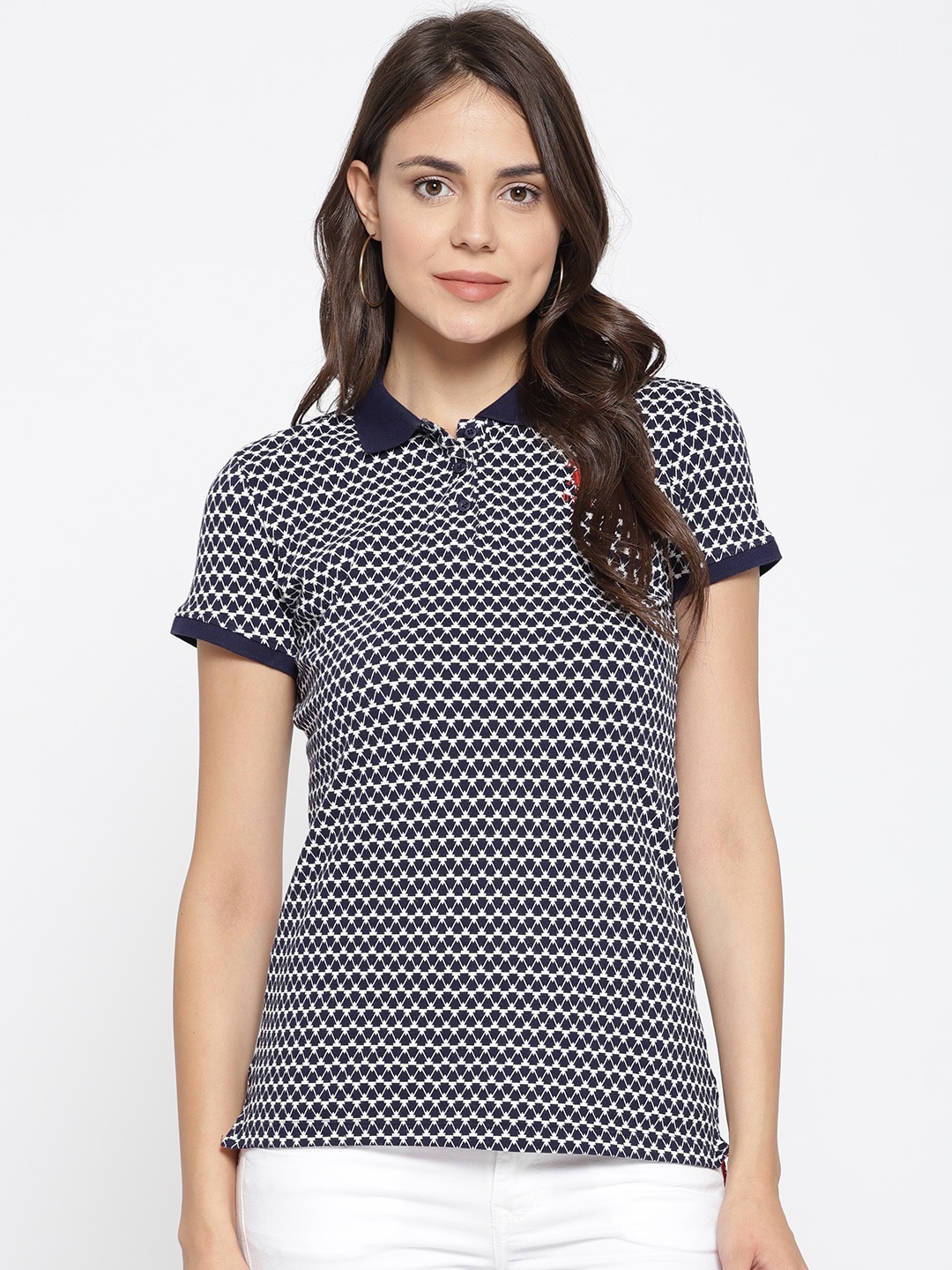 

U.S. Polo Assn. Women Navy Blue & White Printed Polo Collar T-shirt