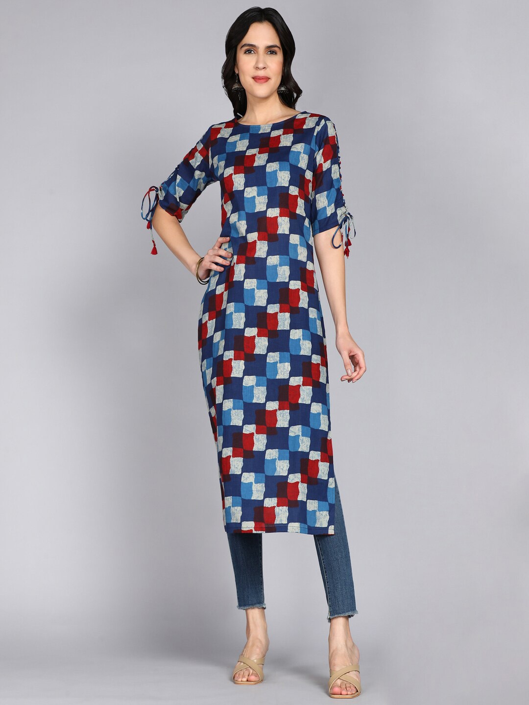 

ftDiva Geometric Printed Pure Cotton Straight Kurta, Blue