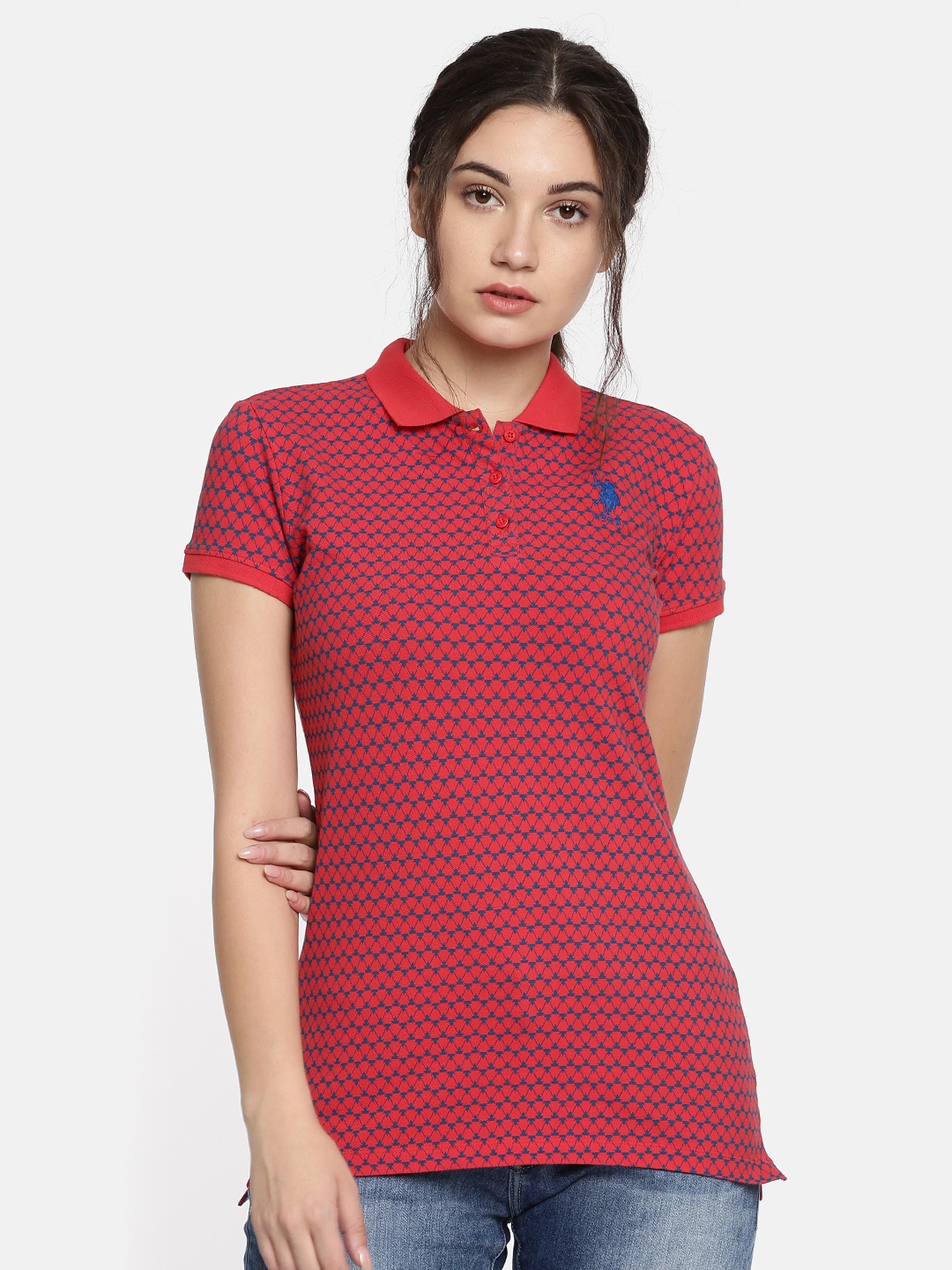 

U.S. Polo Assn. Women Red Printed Polo Collar T-shirt