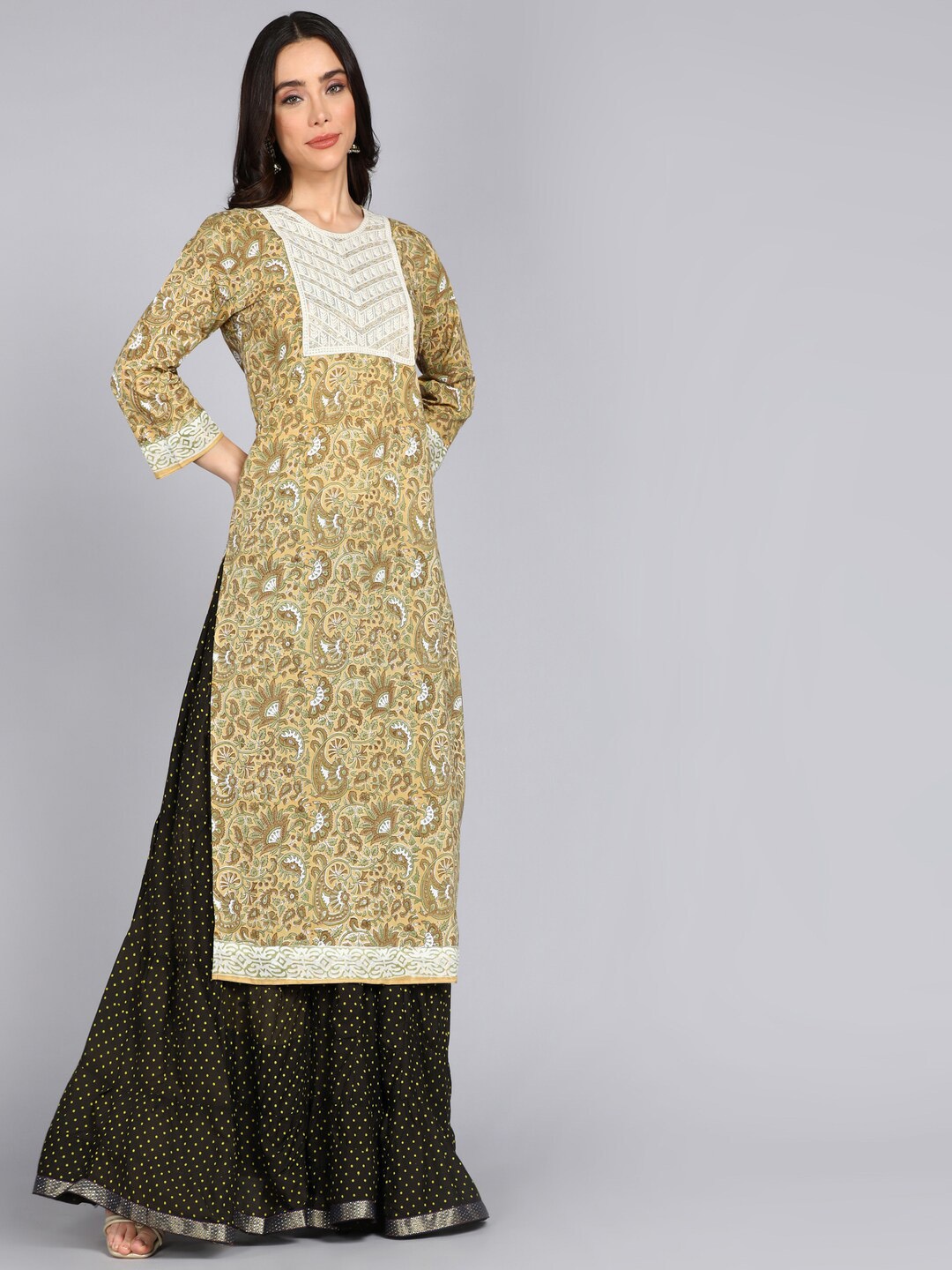 

ftDiva Ethnic Motifs Printed Pure Cotton Straight Kurta, Beige