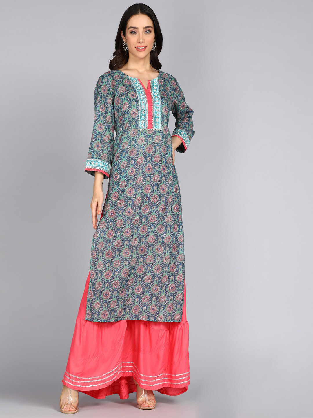 

ftDiva Ethnic Motifs Printed Pure Cotton Straight Kurta, Blue