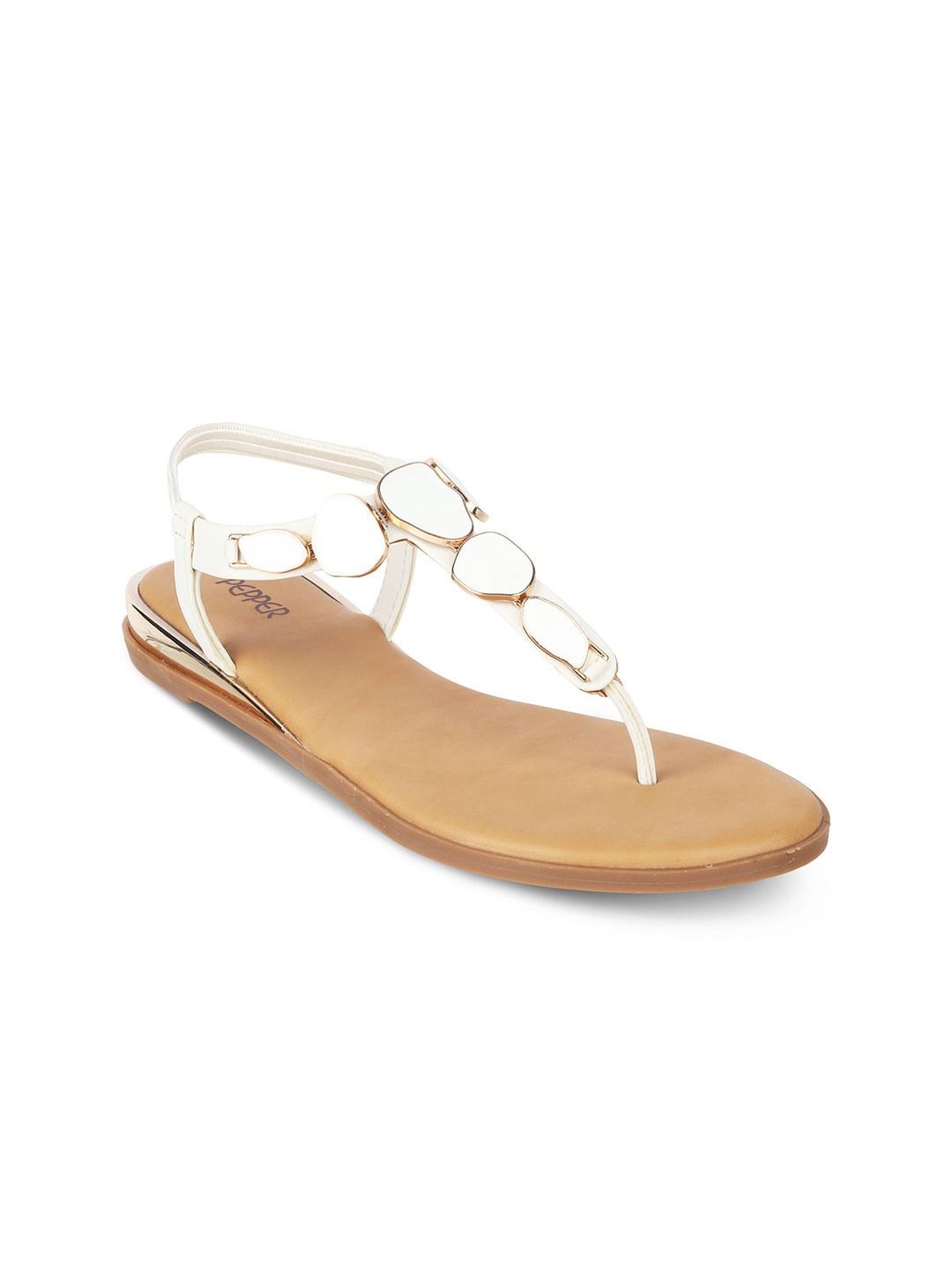 

PEPPER Embellished T-Strap Flats With Backstrap, White