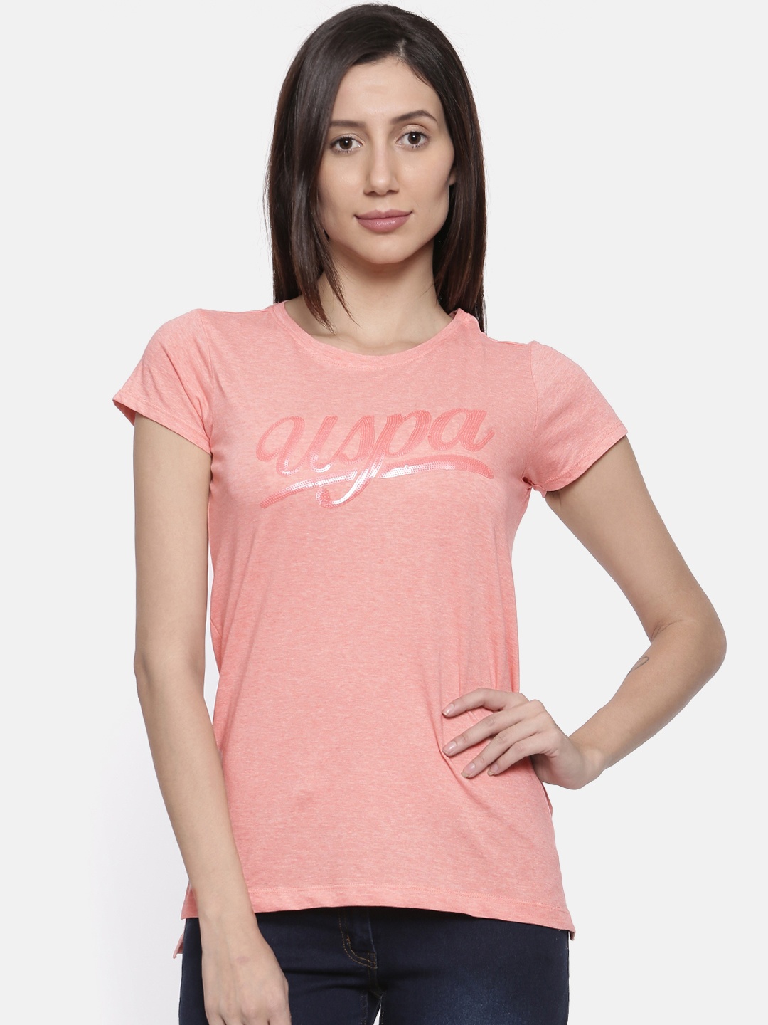 U.S. Polo Assn. Women Coral Pink Solid Round Neck Pure Cotton T-shirt