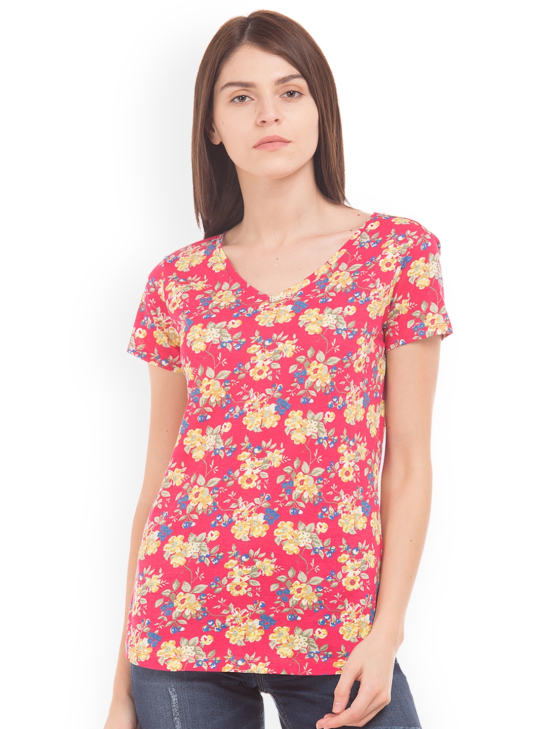 

U.S. Polo Assn. Women Red Printed V-Neck Pure Cotton T-shirt