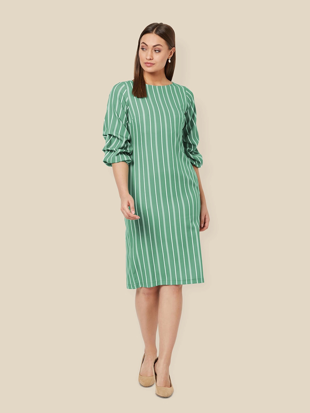 

SALT ATTIRE Striped Cuffed Sleeve A-Line Dress, Green