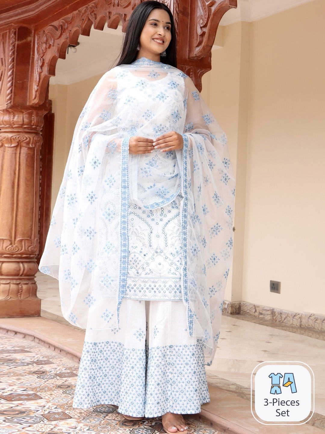 

Sangria Embroidered Pure-Cotton A-Line Kurta With Sharara & Dupatta, White
