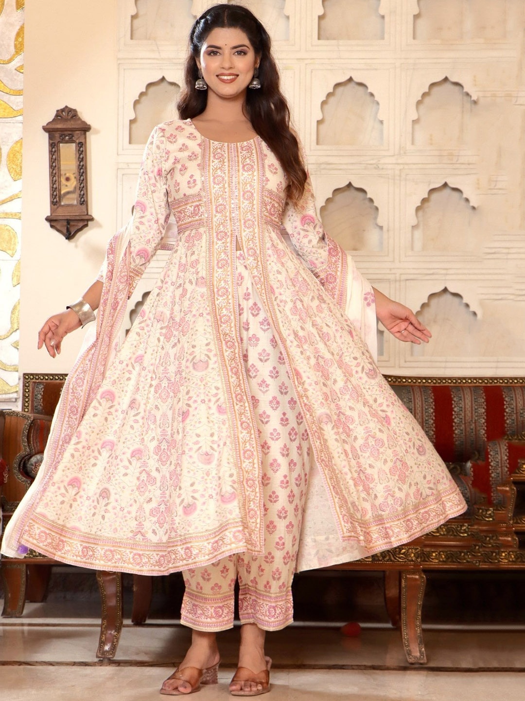 

Sangria Cream-Color Ethnic Motif-Printed Pure-Cotton Anarkali Kurta With Trouser & Dupatta