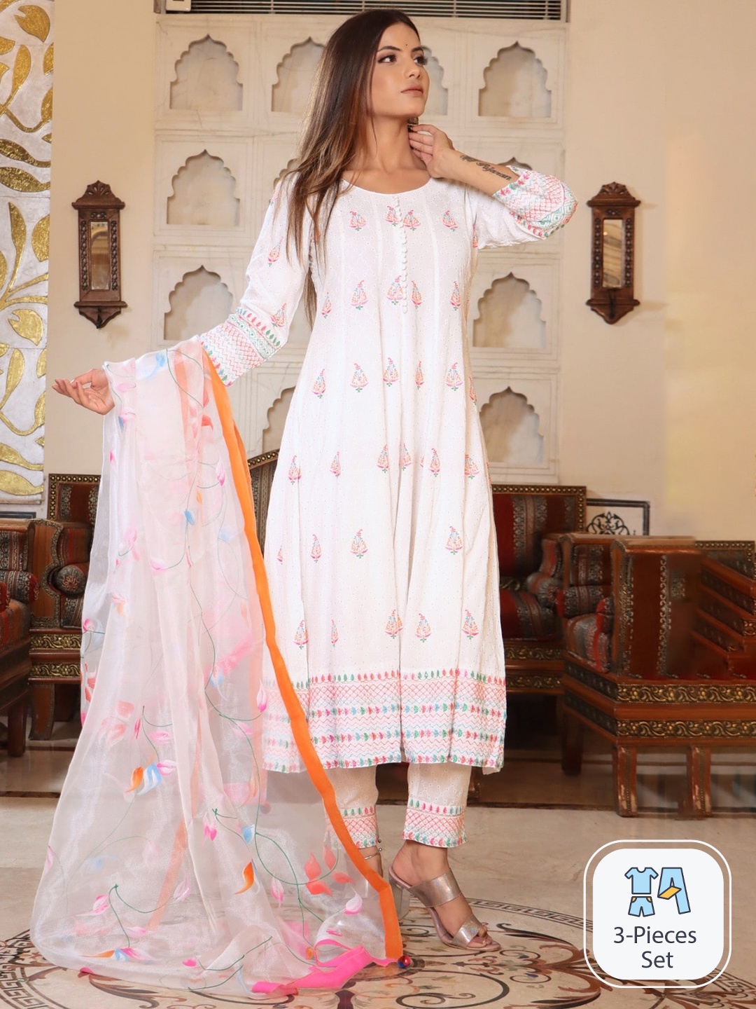 

Sangria White & Pink Ethnic Motifs Embroidered A-Line Kurta With Trouser & Dupatta