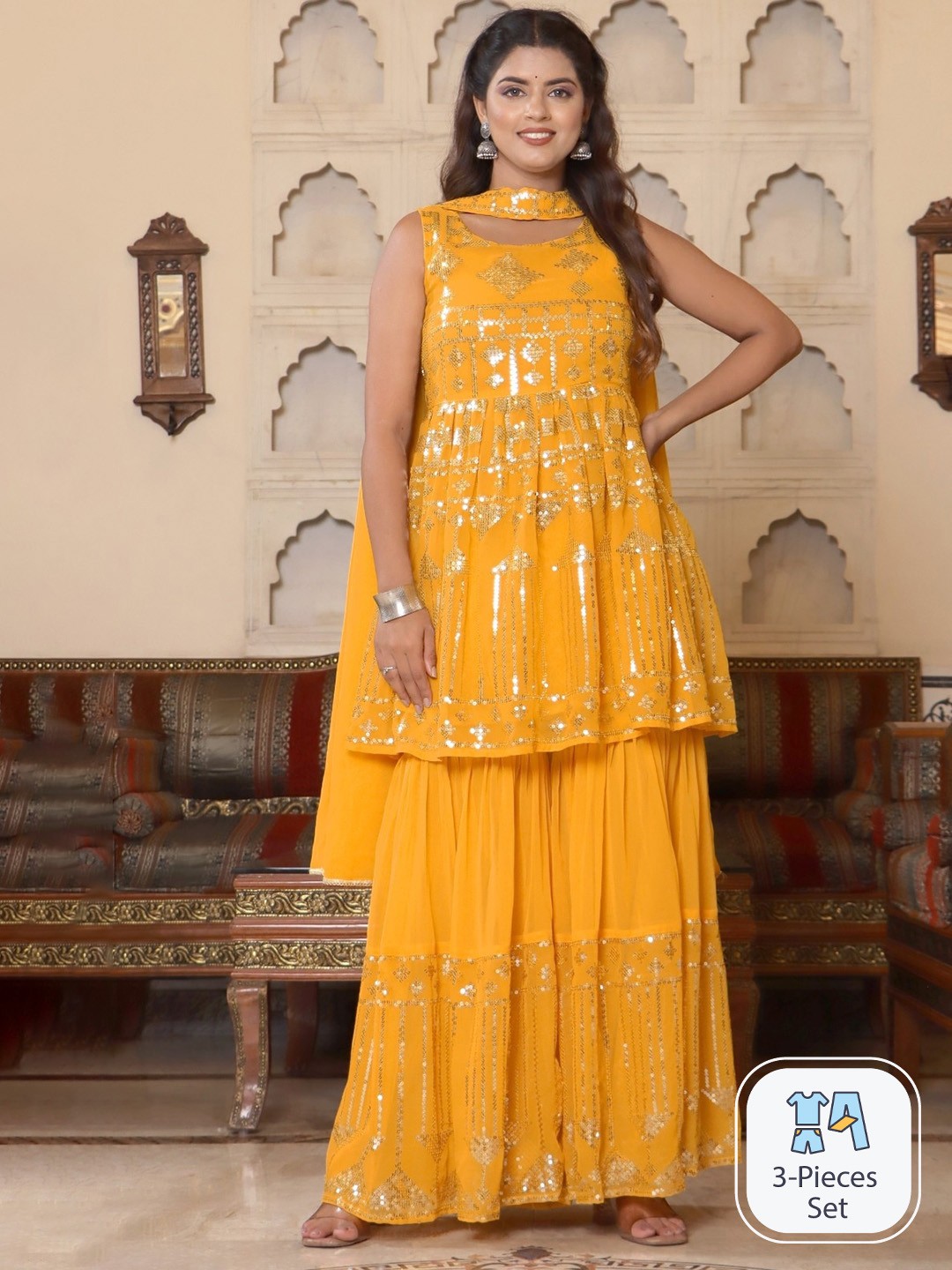 

Sangria Yellow Embroidered A-Line Kurti With Sharara & Dupatta