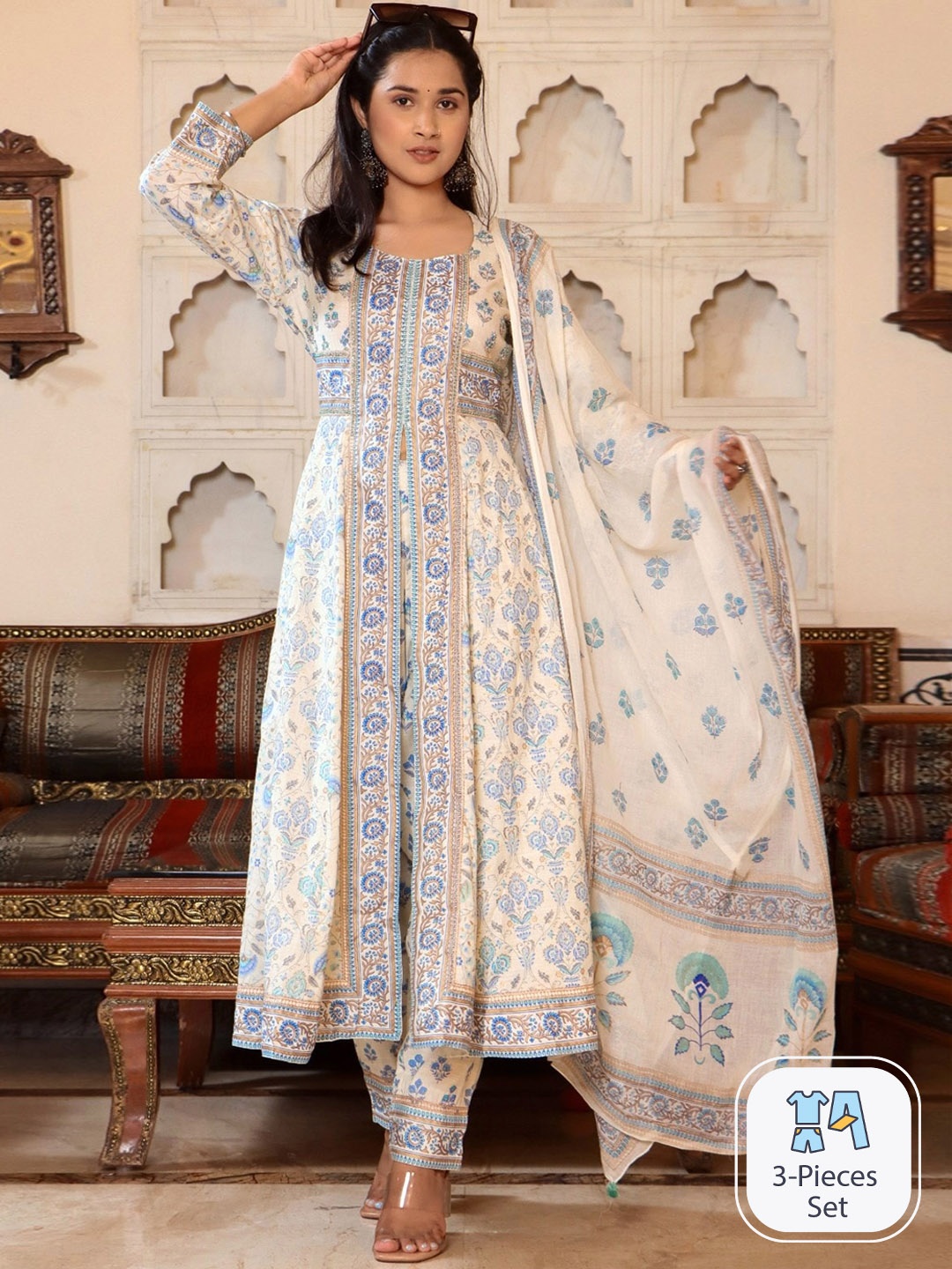 

Sangria Ethnic Motif Printed Pure-Cotton A-Line Kurta With Trouser & Dupatta, Blue