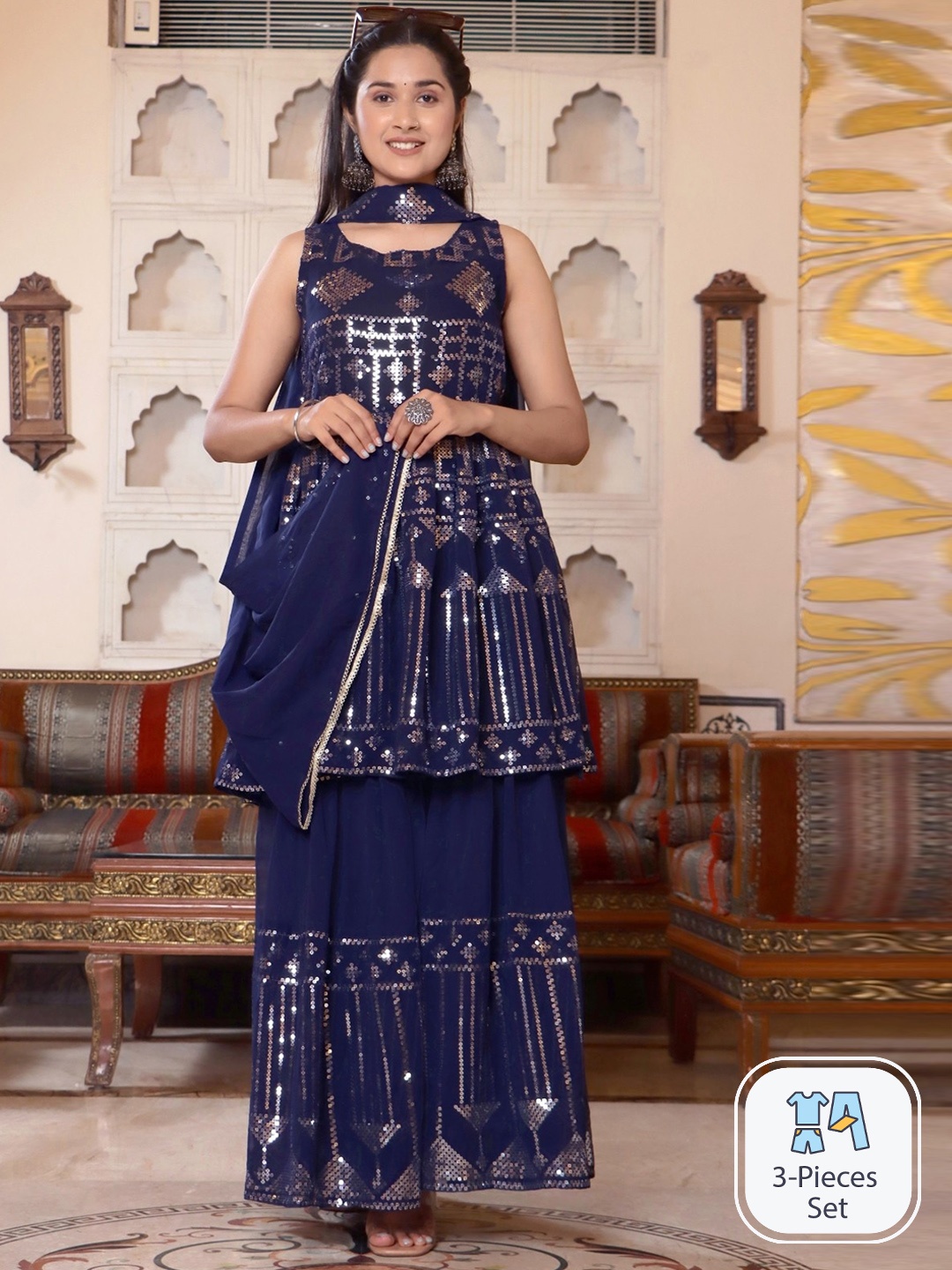 

Sangria Navy Blue Embroidered A-Line Georgette Kurti With Sharara & Dupatta