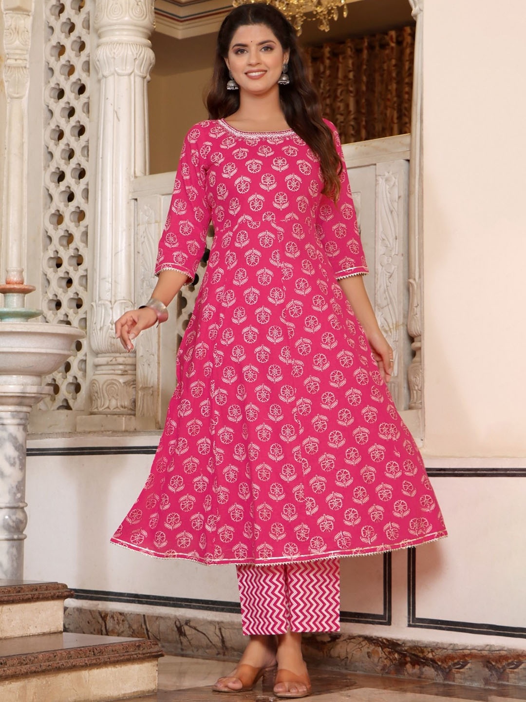 

Sangria Floral Printed Mirror Work Pure-Cotton A-Line Kurta With Palazzo & Dupatta, Pink