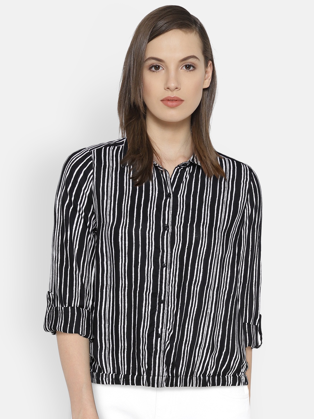 

Flying Machine Women Black Striped Blouson Top