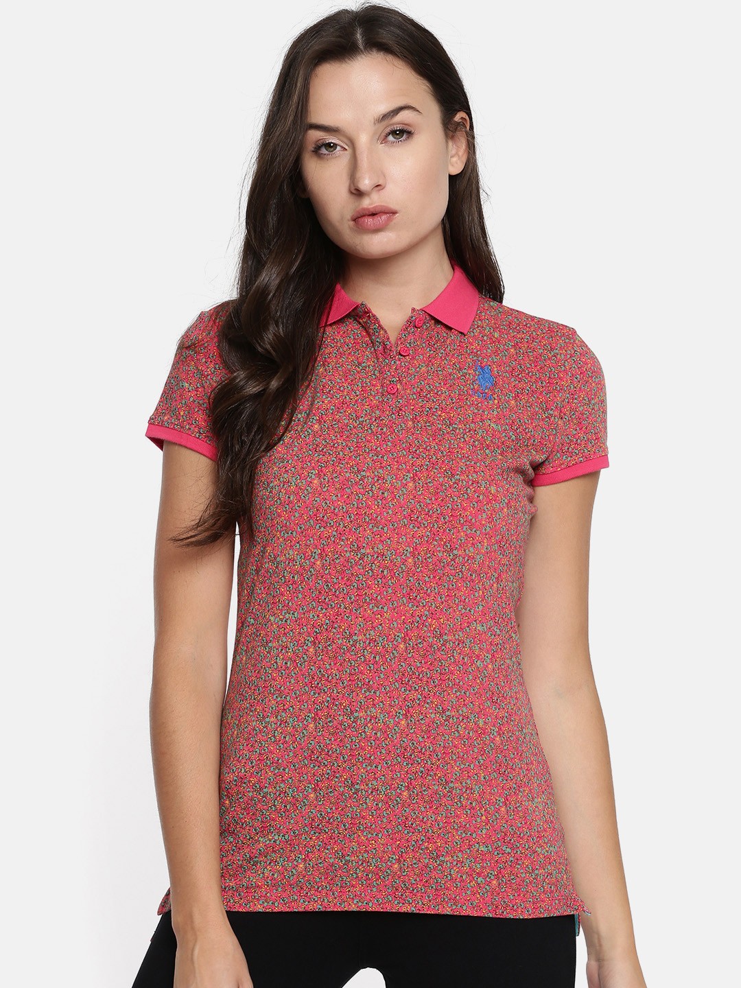 

U.S. Polo Assn. Women Pink Printed Polo Collar T-shirt