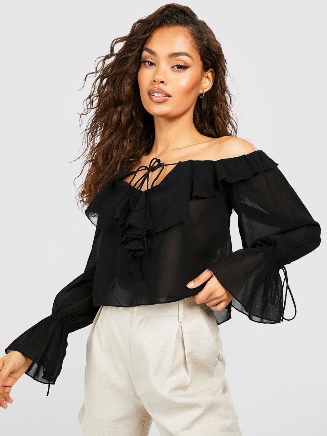 

Boohoo Off-Shoulder Ruffled Sheer Bardot Top, Black