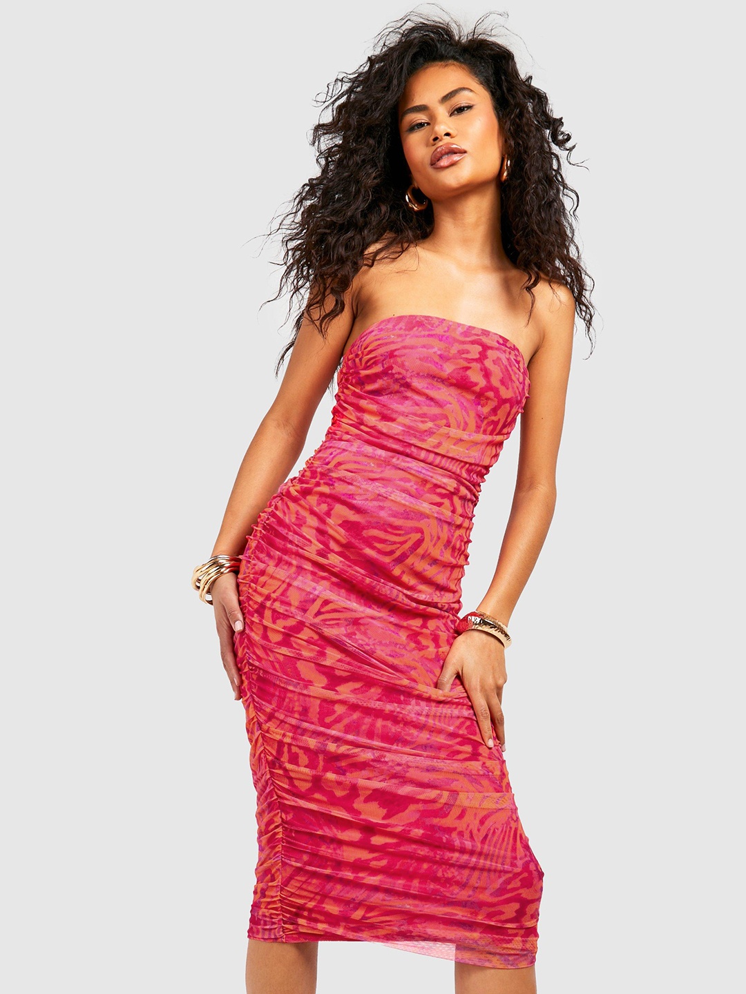 

Boohoo Ruched Animal Print Net Bodycon Midi Dress, Pink