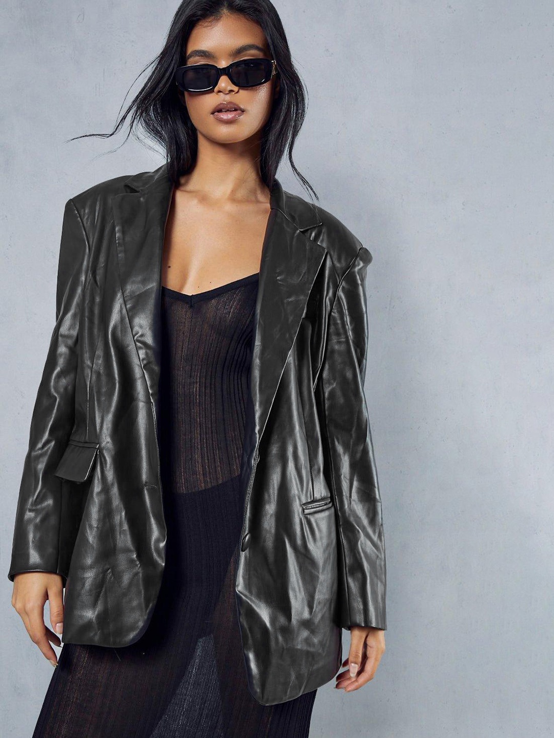 

MISSPAP Faux Leather Oversized Blazer With Shoulder Pads, Black