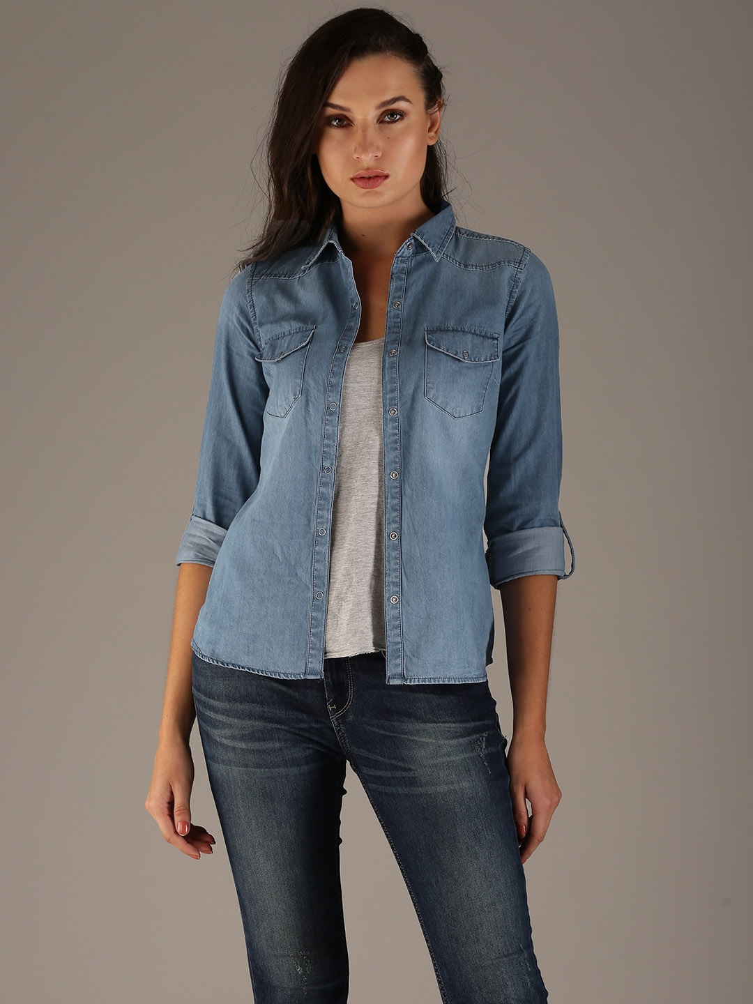 

Flying Machine Women Blue Regular Fit Faded Denim Casual Shirt