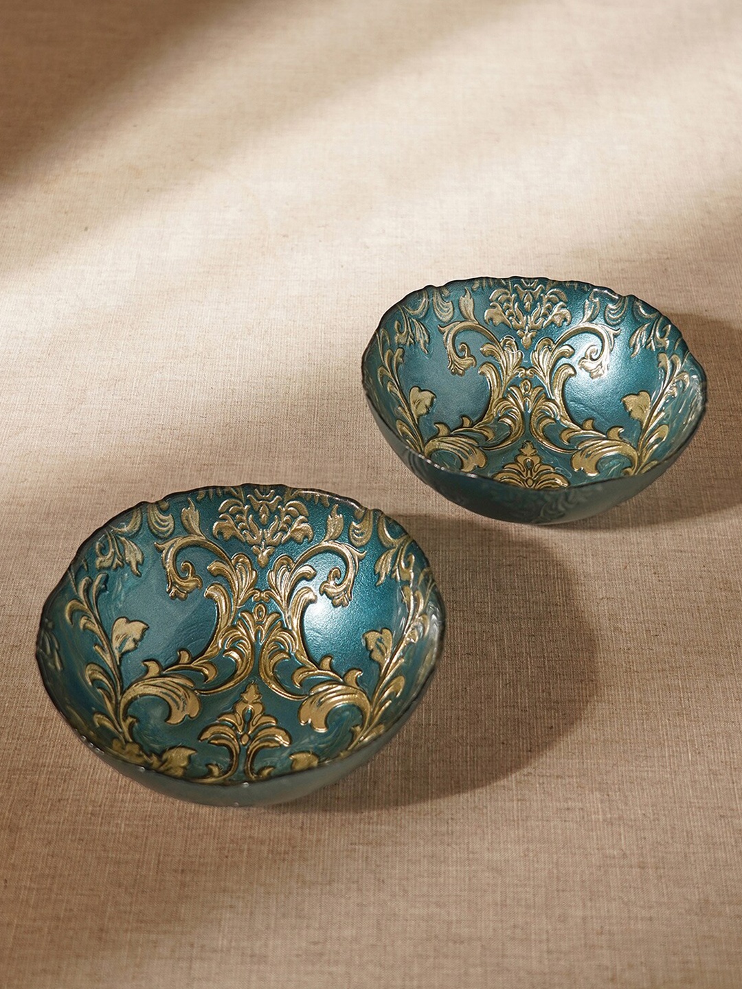 

Pure Home and Living Teal & Gold Toned 2 Pieces Baroque Glass Serving Bowls