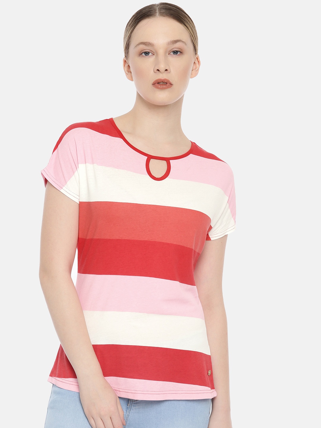 

U.S. Polo Assn. Women Women Pink & Red Striped Pure Cotton Top