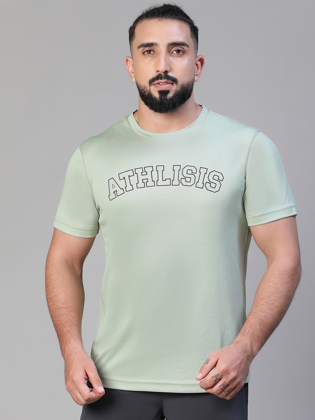 

ATHLISIS Typography Printed Dri-FIT Slim Fit Sports T-shirt, Olive