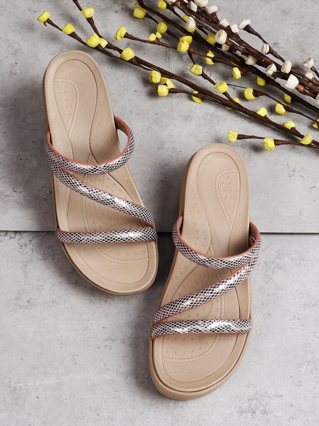 

V-WALK Peach-Coloured Embellished Wedge Sandals