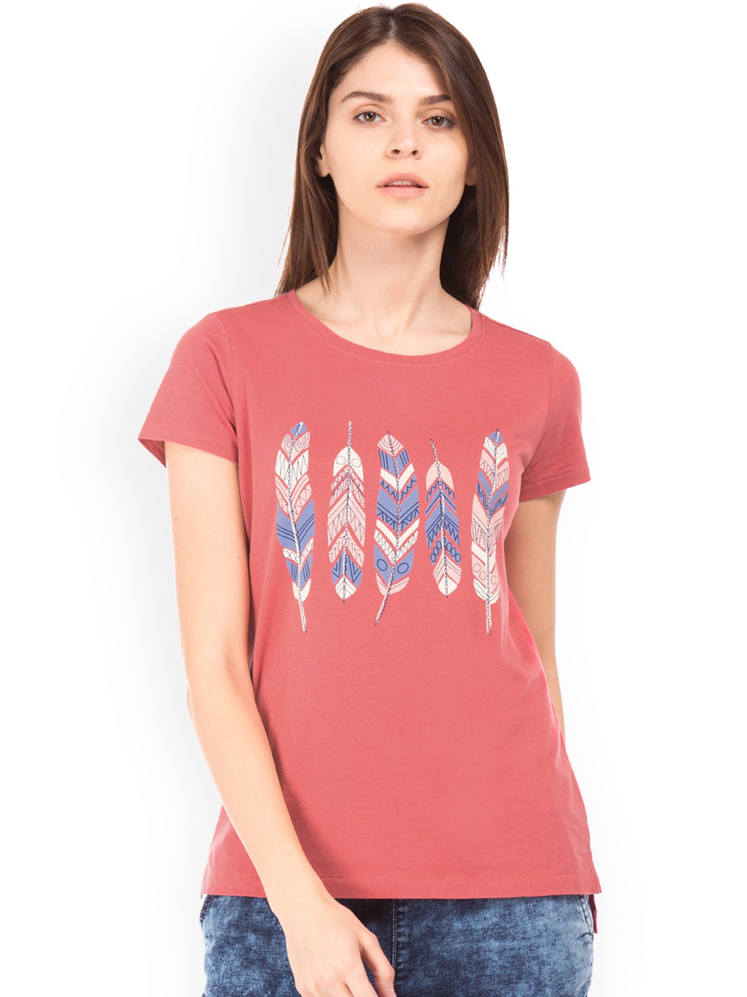 

U.S. Polo Assn. Women Coral Pink Printed Round Neck Pure Cotton T-shirt