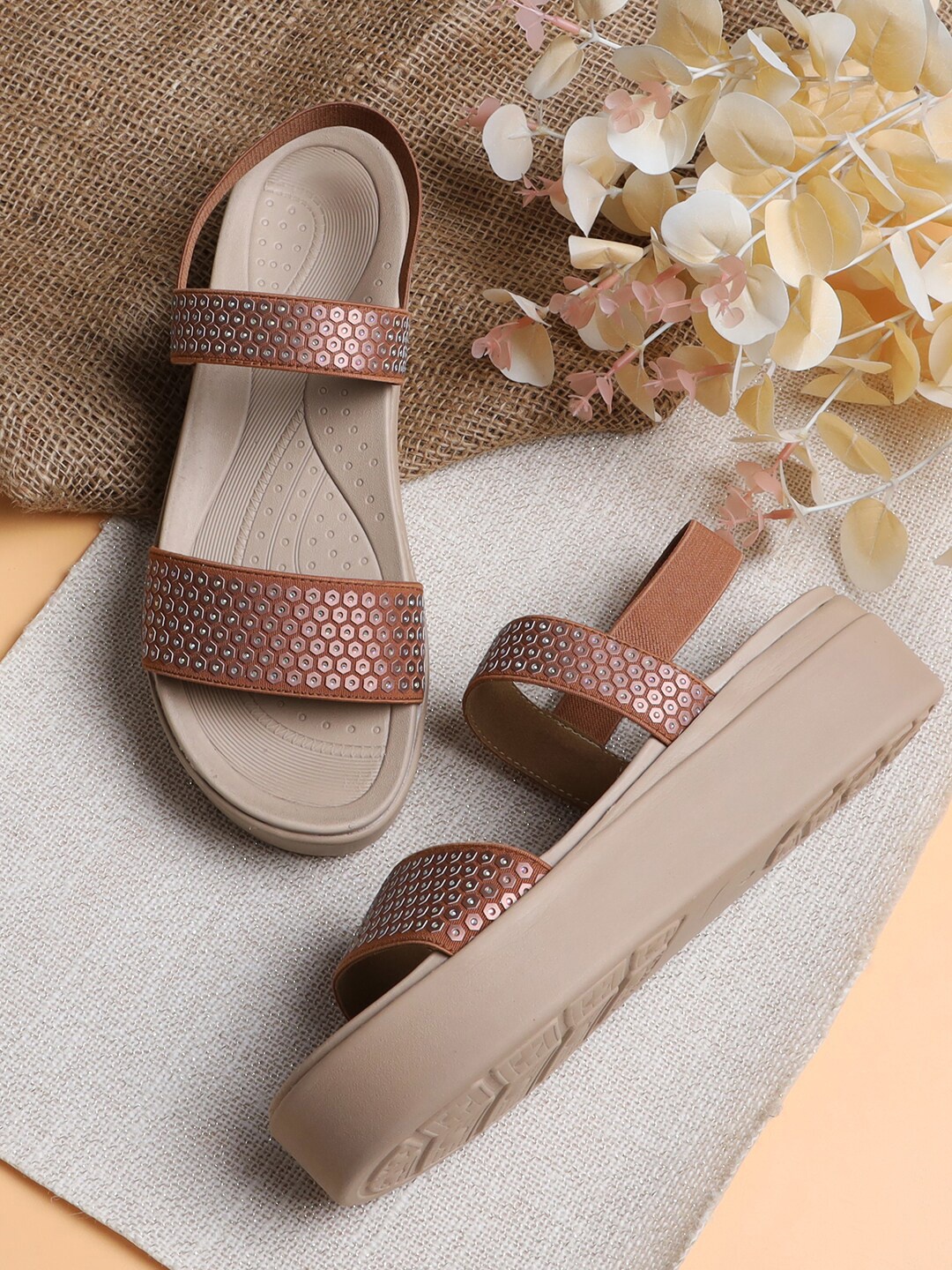 

V-WALK Embellished Open Toe Flatform Heels With Backstrap, Tan