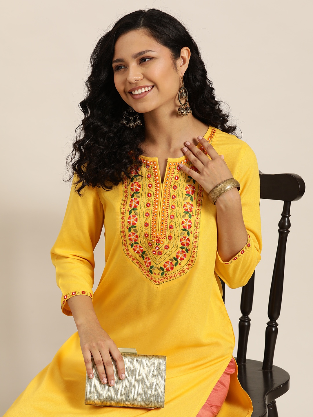 

HERE&NOW Women Floral Yoke Design Mirror Work Kurta, Yellow
