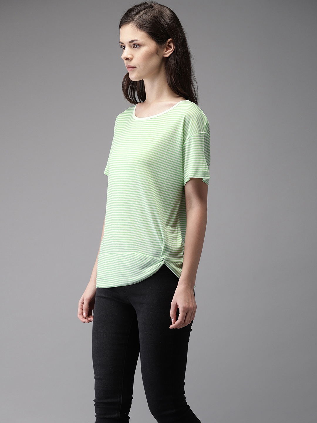 

Flying Machine Women Green Striped Round Neck T-shirt