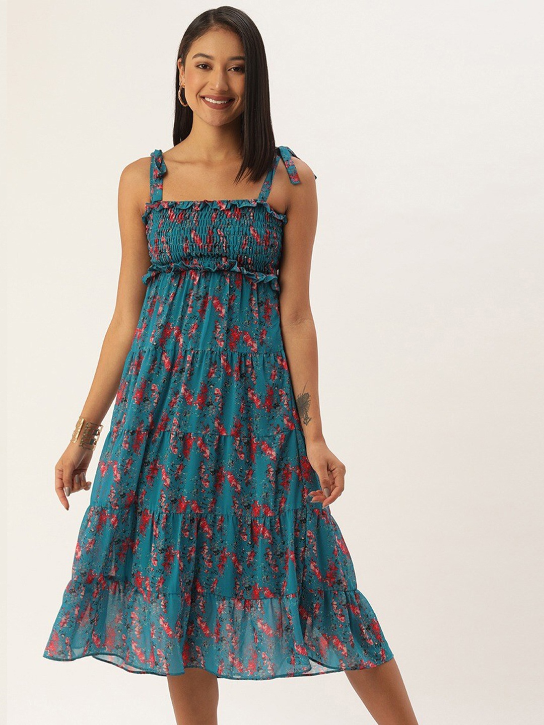 

DressBerry Teal Floral Print Shoulder Strapped Smocked Georgette Fit & Flare Midi Dress